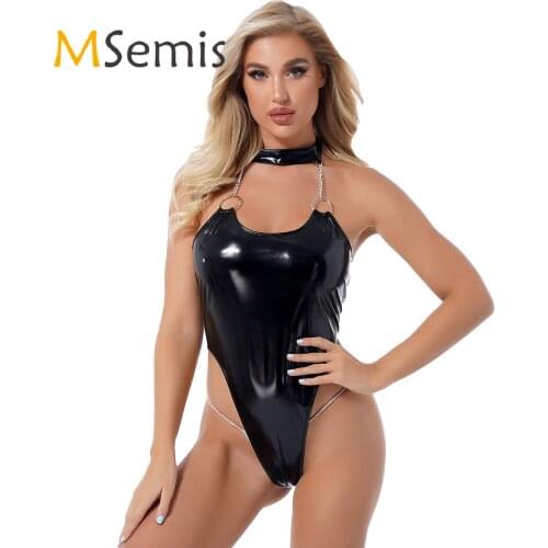Womens Lingerie Patent Leather Bodysuit Halter Neck O Ring Metal Chain Decor Catsuit Glossy Backless Sleeveless High Cut Leotard