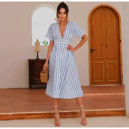 Womens Summer Blue Stripe Party Dress Sexy Deep V-neck Backless Short Sleeve Dress Ladies Casual Below-Knee Midi Femme Vestidos