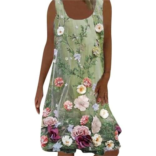 New Summer Dresses Womens Fashion Casual Sexy Round Neck Loose Print Flower Sleeveless Tank Dress Vestidos Beach Sundress