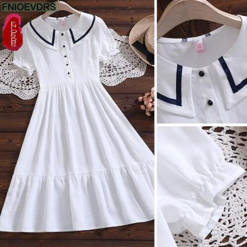 2021 Women Japanese Style Sweet Girls Casual Peter Pan Collar Solid Cotton Blend Vintage Cute Dress
