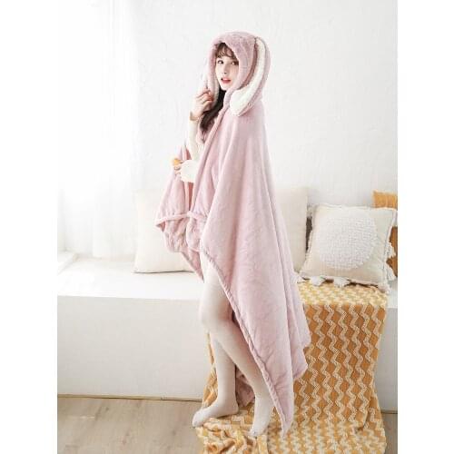 Winter Fleece Warm Hoodie Blanket Women Cloak Kawaii Fluffy Bunny Ear Hooded Gloves Fuzzy Shawl Girls Soft Cute Flannel Robe