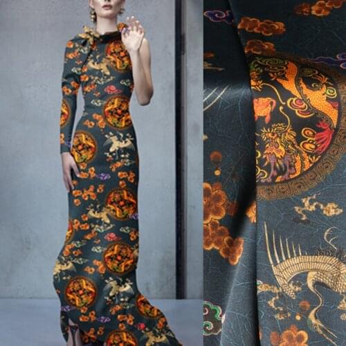 118CM Wide 19MM 93% Silk & 7% Spandex Chinese Style Print Stretch Silk Satin Fabric for Summer Dress Clothes Cheongsam D1066