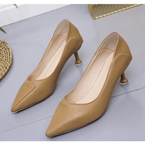 2021 new business leather womens shoes pointed toe professional office low heel meticulous high heels High (5cm-8cm)