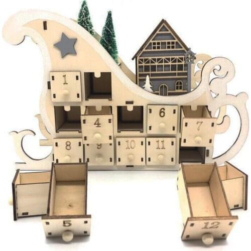 24 Countdown Christmas Calendar Home Sleigh Calendar Wooden Christmas Decoration Box 2021 New Year Xmas Gift Home Decor