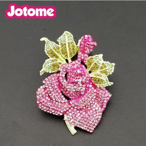 50pcs lot/Free shipping red crystal 60mm large Rose with green leaf flower brooch pins