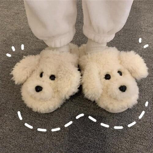 Faux Fur Dog Slippers 2021 Cute Cartoon Animal Women Winter Warm Plush Home Fluffy Slides Cotton House Floor Shoes Flip Flops