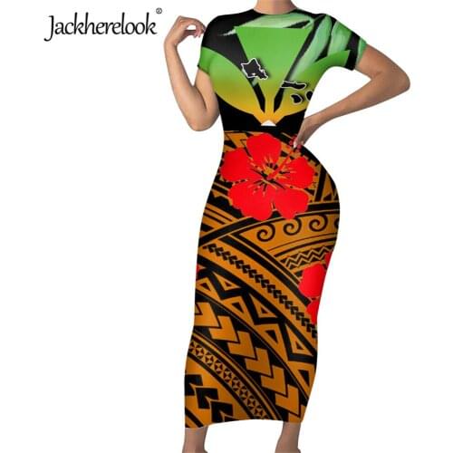 Jackherelook Vintage Kanaka Maoli Design Women Slim Pencil Dress Polynesian Samoa Hibiscus Short Sleeve Clothing Bodycon Dresses
