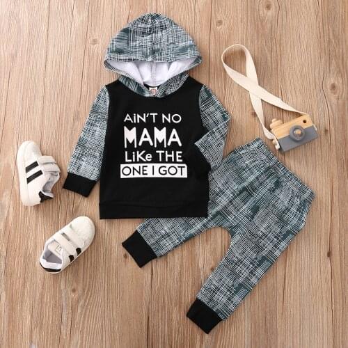 Infant Babys Clothes Set Outfits Baby Boys Hooded Long Sleeve Letters Printing Top + Plaid Print Long Pants Hoodies Pullover