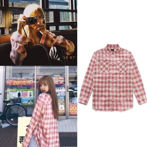 Kpop Korean Celebrity streetwear new Pink plaid shirt loose long-sleeve shirt hip hop female kawaii popular shirt women clothes