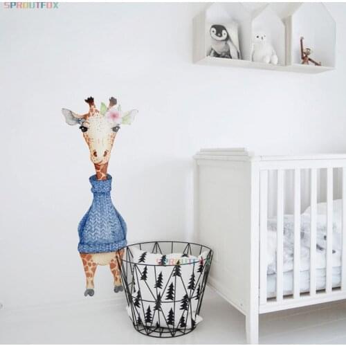 Cool Animal Giraffe with Blue Sweater Wall Sticker for Boys Childrens Room Christmas Decoration 2021 Gift Nursery Party Decals