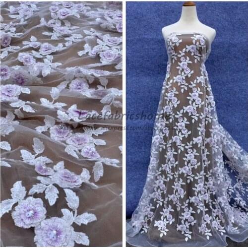 La Belleza 1 yard New fashion stye Purple mixed white beaded 3D flowers dress lace fabric 51'' width sale by yard wholesal