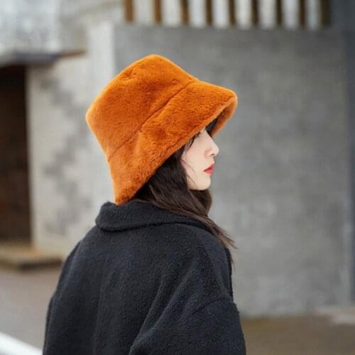 Fashion Faux Fur Winter Bucket Hat For Women Girl Solid Thickened Soft Warm Fishing Cap Outdoor Vacation Hat Cap Lady Panama