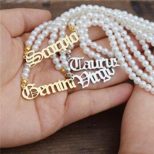 12 Zodiac Necklace For Women Imitation Pearl Necklace Gold Gemini Aries Aquarius Letter Choker Necklaces BFF Bridesmaid Gift