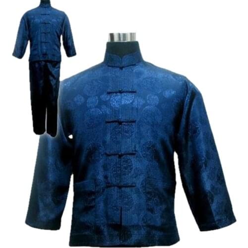 Free shipping ! Navy blue Mens Polyester Satin Pajama Sets jacket Trousers Sleepwear Nightwear SIZE S M L XL XXL XXXL M3020