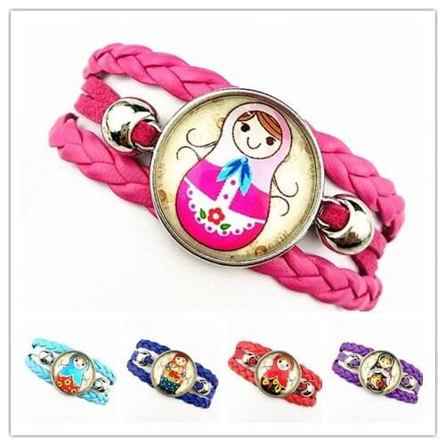 24pcs Russian Doll Folk Art Pattern bracelets Babushka Nesting Matryoshka Dolls Cartoon Printed Glass Dome charm bracelet