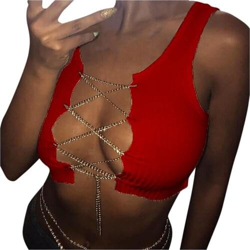 Sexy Bare Chest Short Vest White Metal Chain Shirt Cutout Crop Top Sleeveless Lace Top Sexy Adjustable Clubbing Belted Shirt