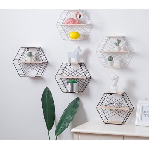 Nordic Iron Hexagonal Shelf Organizer Creative Geometric Figure Wall Decoration Living Room Bedroom Kitchen Storage Products