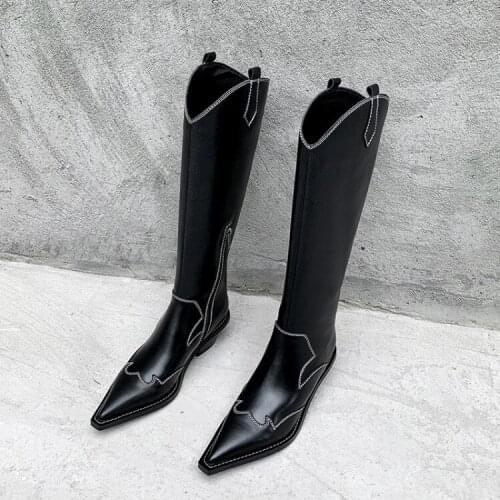 INS HOT SALE Western Winter Boots Leather Black Mid Calf Cowboy Boots For Women Wedge Chunky Low Heel Short Biker Boots 2020