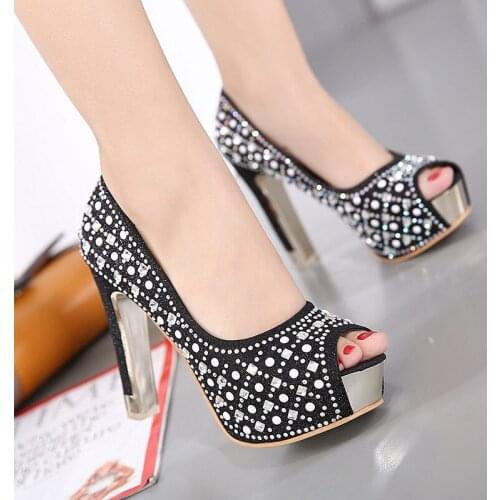 Rhinestone heels Women Pumps Square Heel Woman Summer Platform Shoes Sexy Open Toe Super High Heel Party Nightclub Shoes