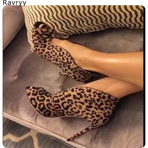 Leopard suede woman boots shallow cut peep toe dressed high heel ankle boots leopard thin heel stiletto female short boots
