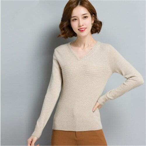 100%goat cashmere Vneck knit women fashion slim short pullover sweater beige camel solid color S-2XL