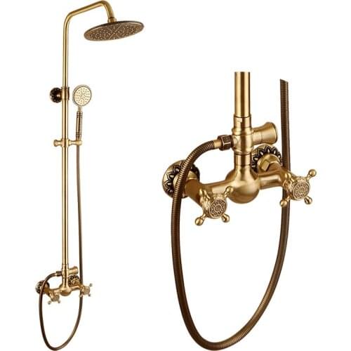 Antique Brass Wall Mount Rain Fall Bathroom Shower Faucet 8 Inch Shower Head Arm Shower Set Mixer With Handy Unit Tap