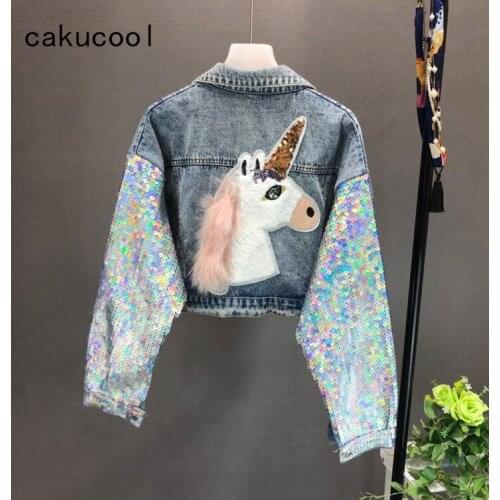 Cakucool New Heavy Sequins Denim Coats Women Unicorn Cartoon Embroid Jeans Jacket Crop Top Shiny Bling Jaqueta Casaco Feminino
