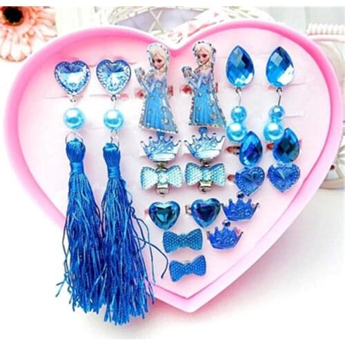 Disney Childrens Princess Accessories Earrings Ring Love Gift Set Acrylic Flash Ear Clips Earless Earrings baby girls gift elsa