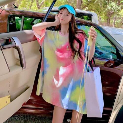 Rainbow Tie-dye Short-sleeved T-shirt Women Loose And Thin Womens Shirt Smiley Face Shirt Half-sleeved Oversized T-shirt Women