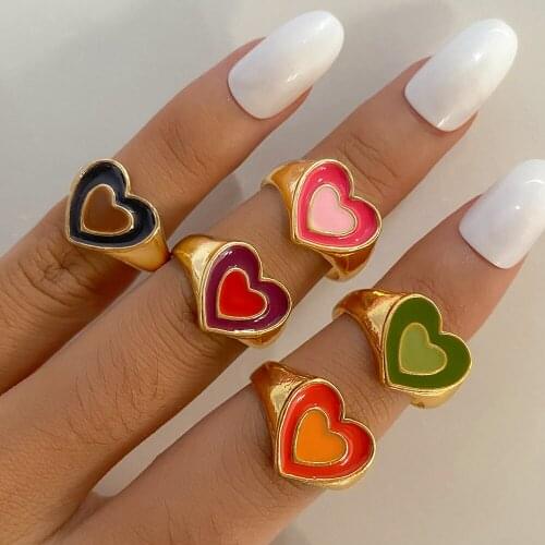 FNIO New Ins Creative Cute Colorful Double Layer Love Heart Ring Vintage Drop Oil Heart Rings For Women Girls Fashion Jewelry
