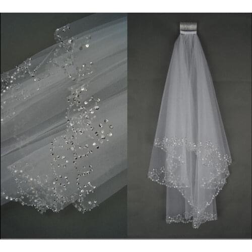 New White Ivory 2 Layers Beaded Edge Sequins Short Wedding Veil With Comb