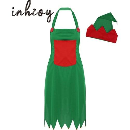 Adult Elf Costume Santa Claus Christmas Dress Up Kitchen Apron with Hat Sets Festival Holiday Cosplay Fancy Party Xmas Clothes