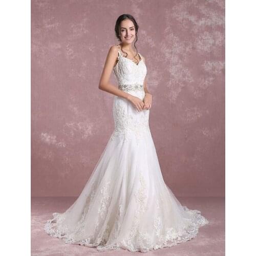 Summer Wedding Dresses 2020 Lace Mermaid V Neck Backless Bridal Gown Beading Waist Spaghetti Straps Chapel Train Bridal Dress