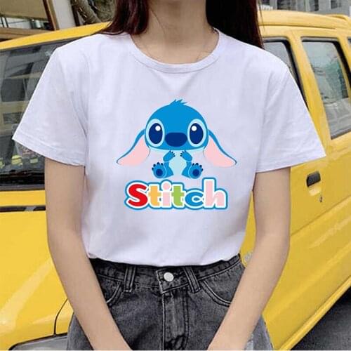 Summer Short-sleeved O-neck Girls Pulovers Women Disney Stitch Funny T-shirts Ulzzang Ladies Lovely Tees Casual Sisters Outfits