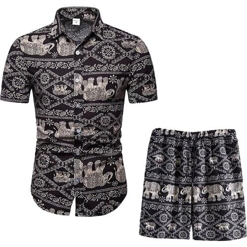 2021 Summer Beach Fashion Print Two Piece Sets For Men Short Sleeve Shirt And Drawstring Shorts Suits Casual Male Outfit