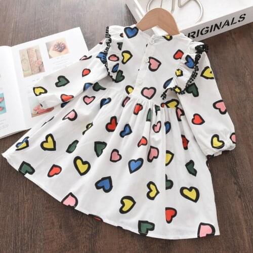 Menoea Kids Baby Girls Princess Dress Spring Autumn Children Hearts Printed Ruffles Vestidos Fall Clothes Lovely Outfits 2-7Y