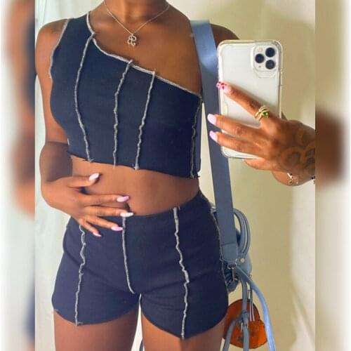 Slim One-Shoulder Vest Sleeveless Skinny Crop-Top Hip-lifting Inside Out Street Summer Tight-Fitting Shorts Casual Fitness Suit