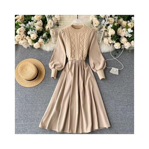 Elegant Solid Women Dress Fashion Korean Splice Knitted O Neck Puff Sleeve Dresses Autumn Streetwear A-line Dress 2020