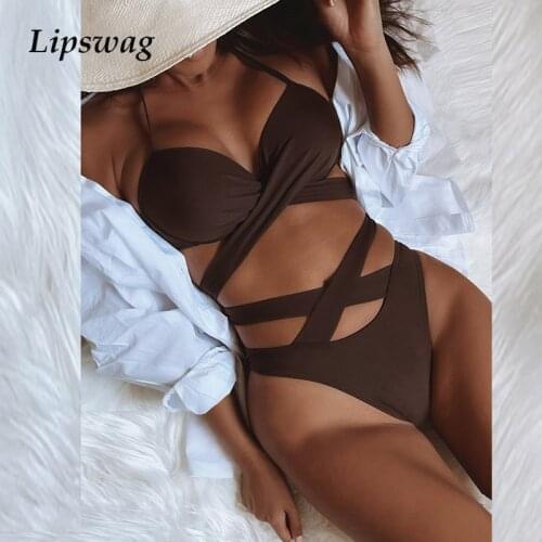 2021 Fashion Backless Beachwear Suit Solid Color Brown Sexy Bandage Women Swimwear Two Piece Halter Brazil High Waist Bikini Set