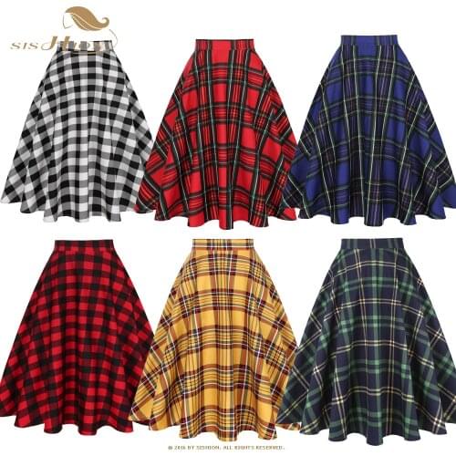 SISHION Cotton Long Midi Skirt SS0006 High Waist Women Ladies Winter Autumn Swing Vintage 50s Inspired Plaid Skirt jupe femme