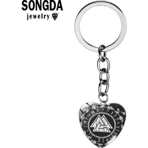 SONGDA Raven Banner Viking Pattern Keychain Handmade Glass Convex Unique Heart Alloy Long Keyring Backpack Car Key Chain Jewelry