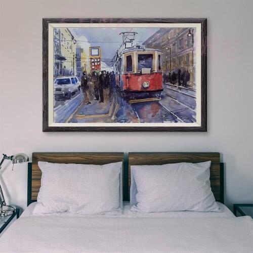 T042 Retro Red Tram Classic Painting 110 Custom Silk Poster Home Deco Wall Art Christmas Gift