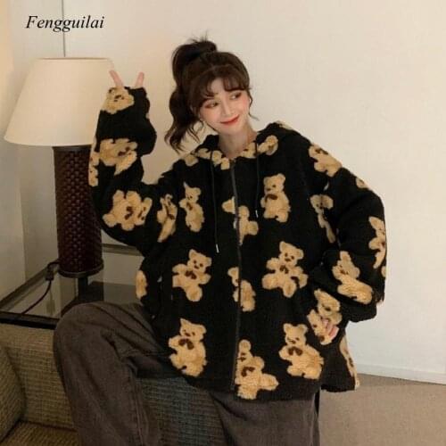 Autumn Winter Cute Women Hoodie Loose Sweatshirts Thick Lamb Wool Bear Coat Lady Street Wear Zipper Oversized Outwear