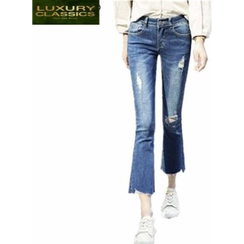 Flare Jean Ankle-Length Womens Pants 2021 New Fashion Jeans with Holes High Waist Slim Fit Female Casual Trousers LWL490