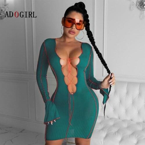 Adogirl Women Flare Sleeve Hollow Out V Neck Sexy Mini Party Dresses Elegant Autumn Bodycon Ladies Nightclub Black Vestidos