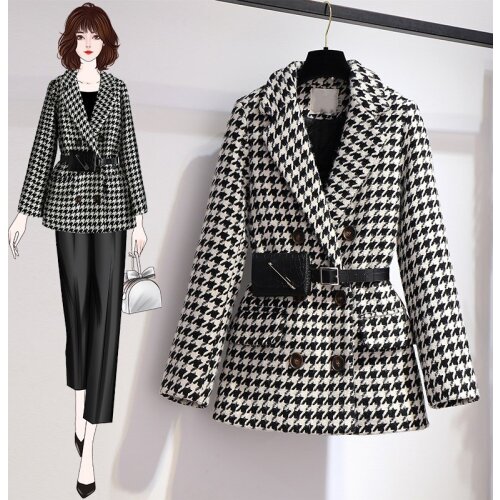 Oversize 4XL Womens Winter Coat 2021New Double breasted Loose Houndstooth Wool jacket warm Vintage Female woolen coat Outerwear