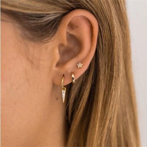 1 Pair 925 Sterling Silver Triangle Hoop Earrings For Women Geometric Accessories Cz Circle Minimalist Trendy Jewelry Brincos