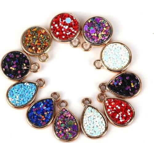 6pcs/lot Round Drop Shape Resin Glittering Charms Pendant fit Bracelet DIY Craft Jewelry Accessories Golden-Colour Gold Base