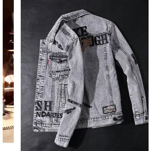 American and American casual grey denim jacket for men with embroidered slim popular logo casual jacket for spring and fall