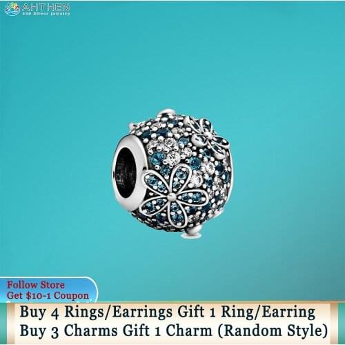 Ahthen S925 Sterling Silver Beads Green Pave Daisy Flower Charms fit Original Pandora Bracelets Women DIY Jewelry Making